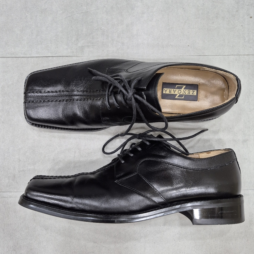 Zengara dress shoe men's 10 black shiny leather split square toe dust bags & box